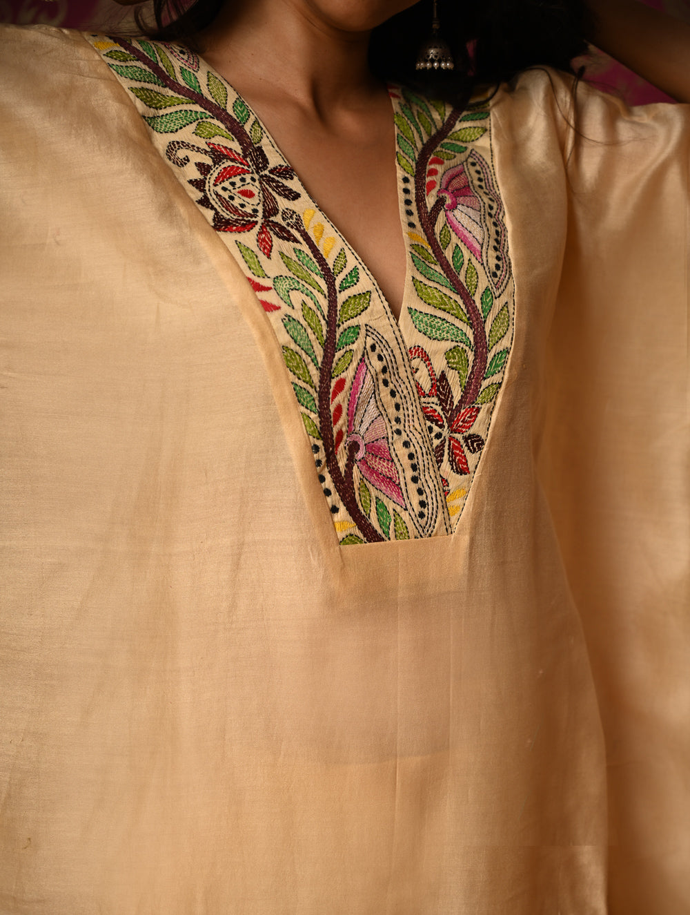 Regal Elegance. Hand Embroidered Kantha Chanderi Kaftan Kurta Set - Bahaar, (2 pc set)