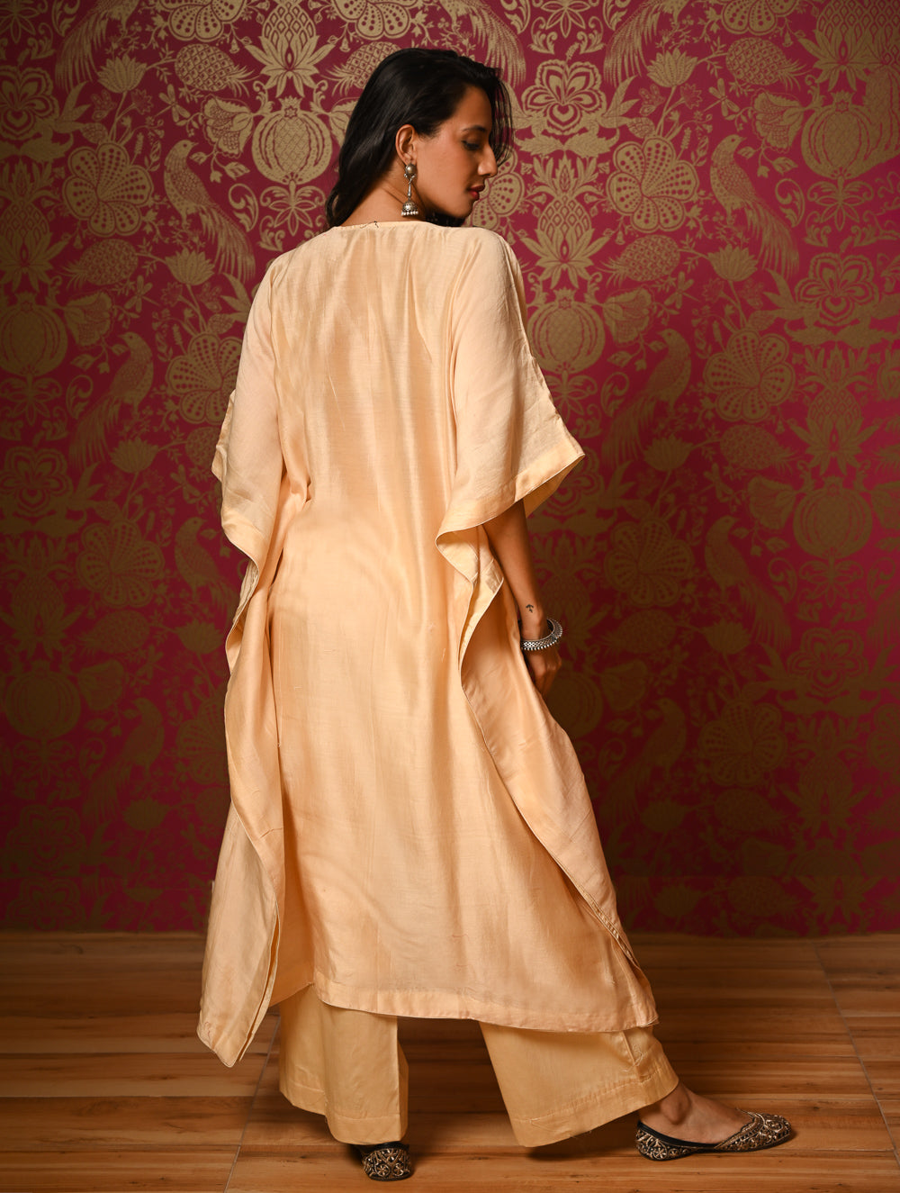 Regal Elegance. Hand Embroidered Kantha Chanderi Kaftan Kurta Set - Bahaar, (2 pc set)