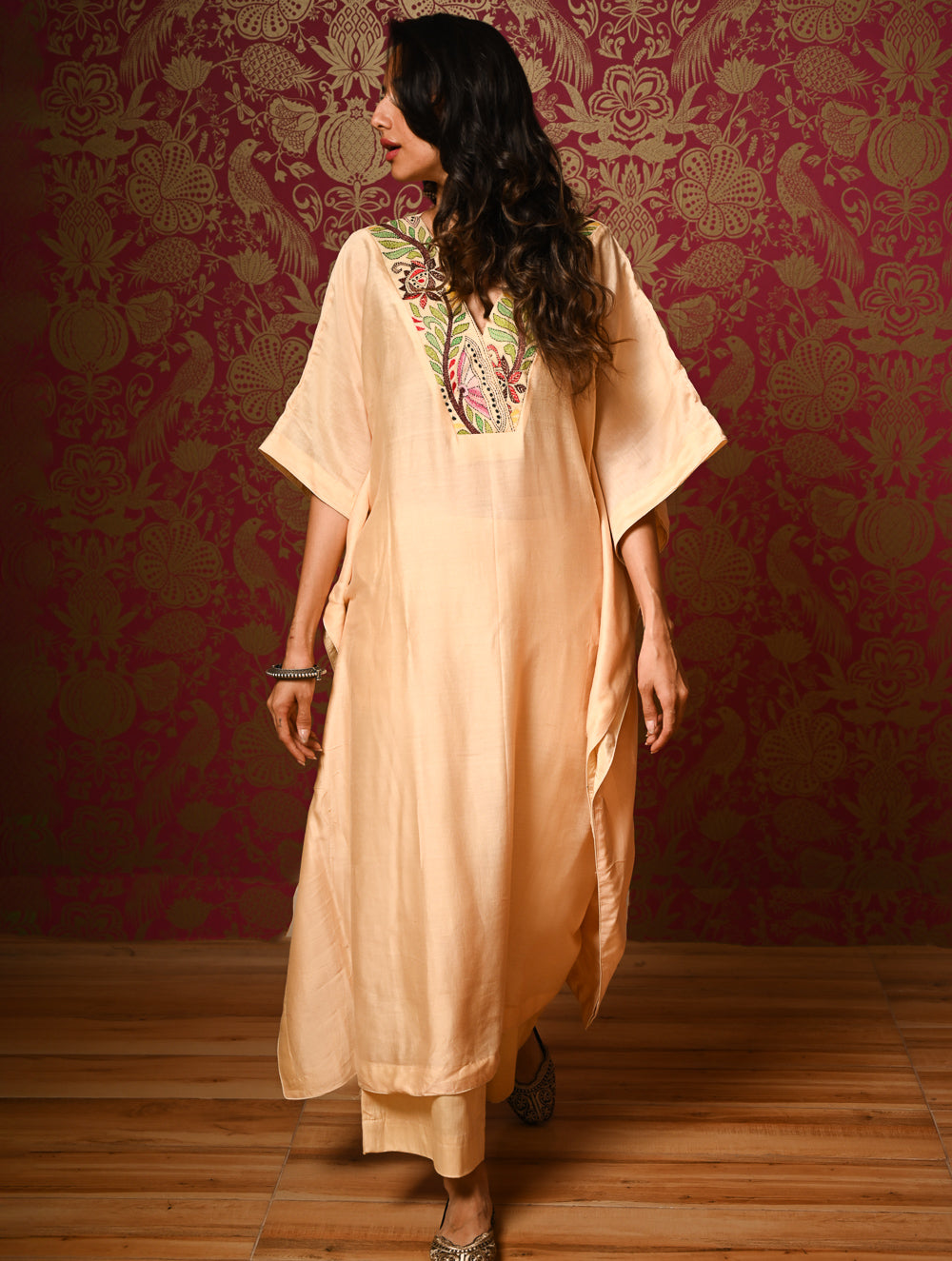 Regal Elegance. Hand Embroidered Kantha Chanderi Kaftan Kurta Set - Bahaar, (2 pc set)