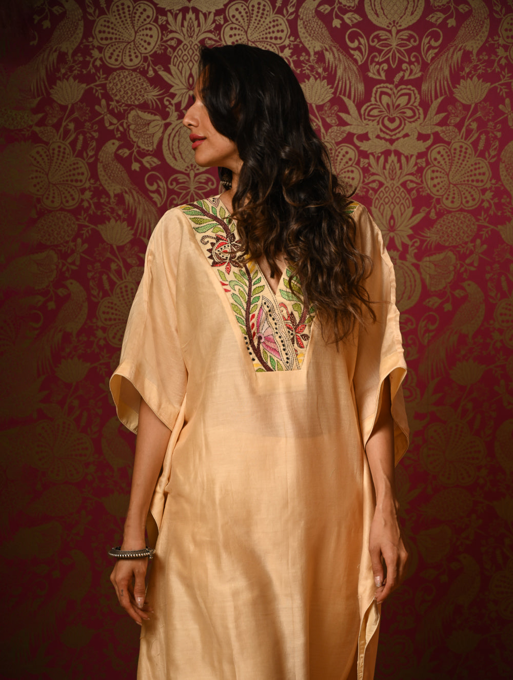 Regal Elegance. Hand Embroidered Kantha Chanderi Kaftan Kurta Set - Bahaar, (2 pc set)