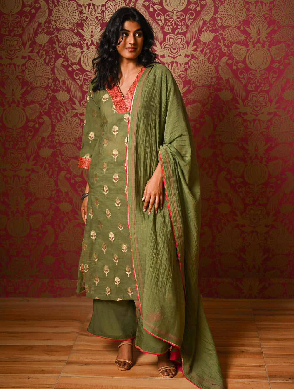 Light Festive. Soft Benarasi Kurta Set - Forest Flora ( 3 pc set)