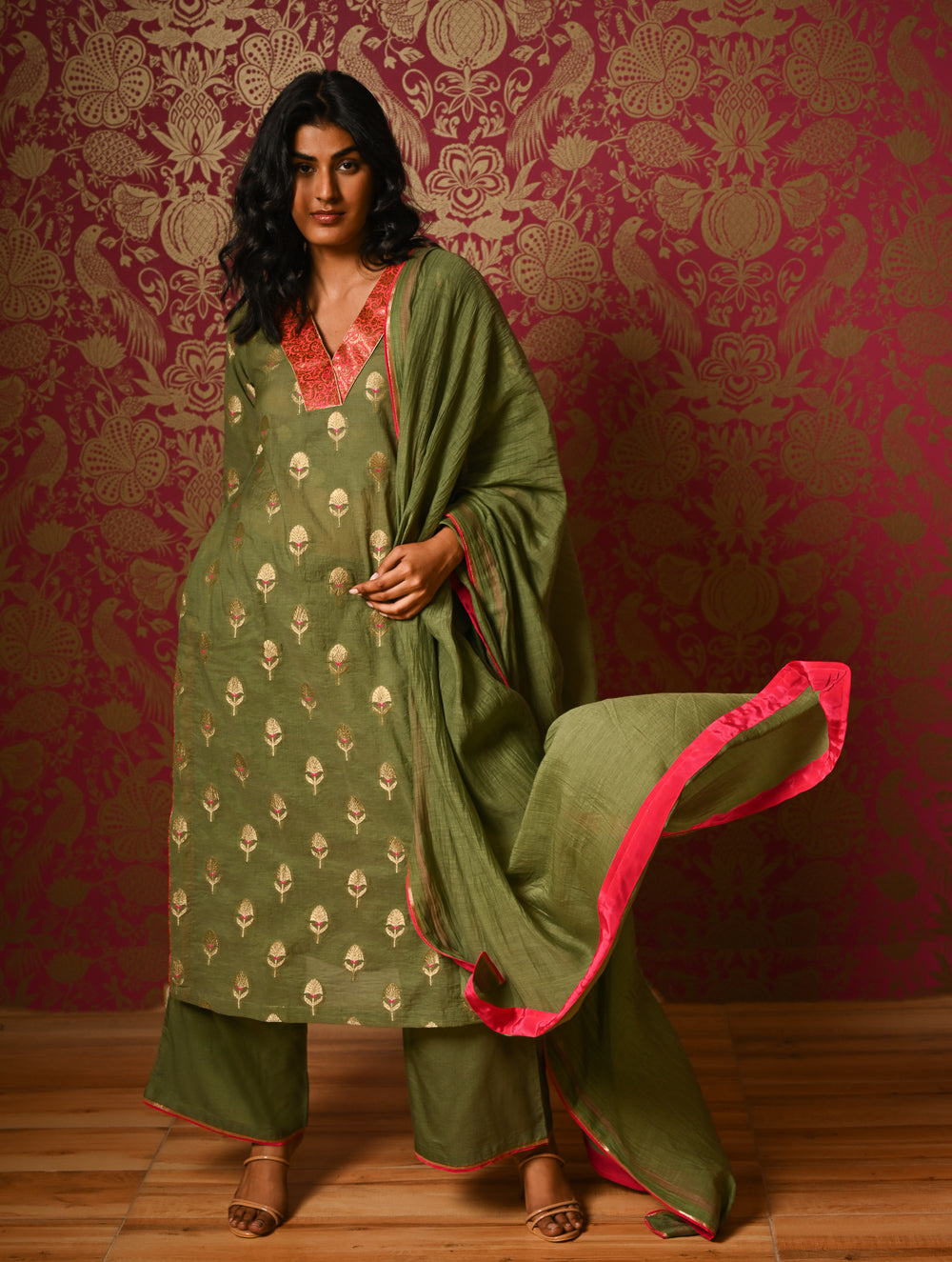 Light Festive. Soft Benarasi Kurta Set - Forest Flora ( 3 pc set)