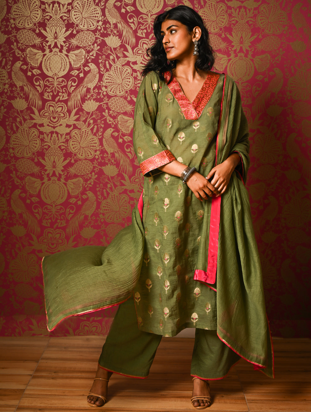Light Festive. Soft Benarasi Kurta Set - Forest Flora ( 3 pc set)