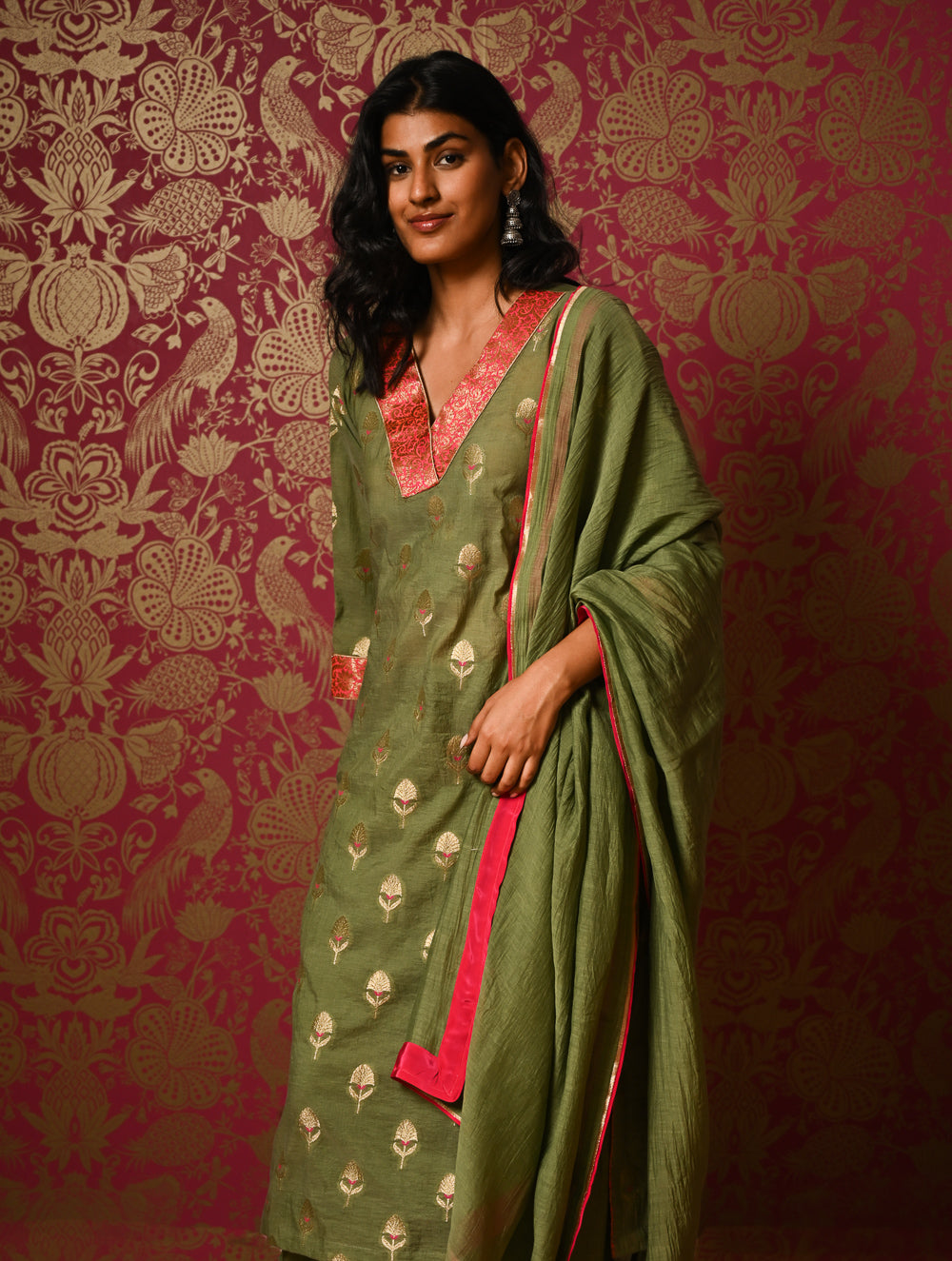 Light Festive. Soft Benarasi Kurta Set - Forest Flora ( 3 pc set)