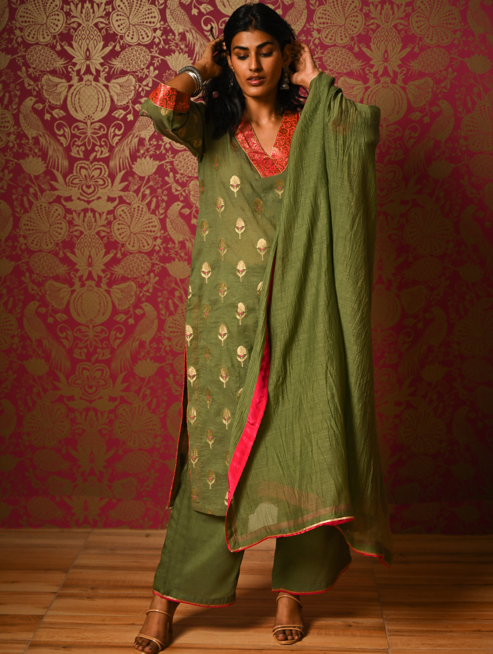 Light Festive. Soft Benarasi Kurta Set - Forest Flora ( 3 pc set)