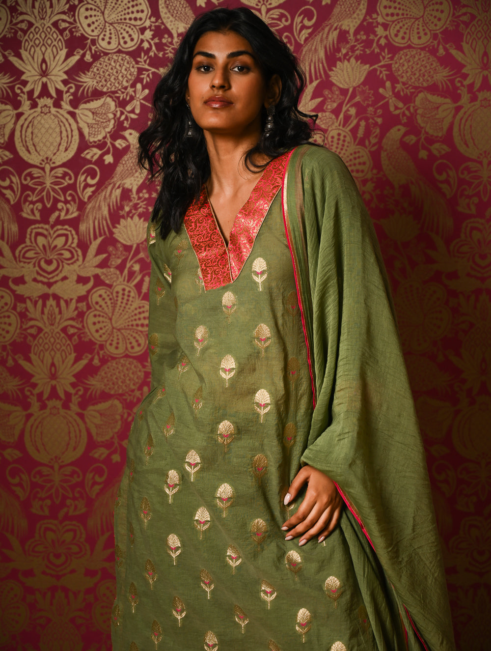 Light Festive. Soft Benarasi Kurta Set - Forest Flora ( 3 pc set)