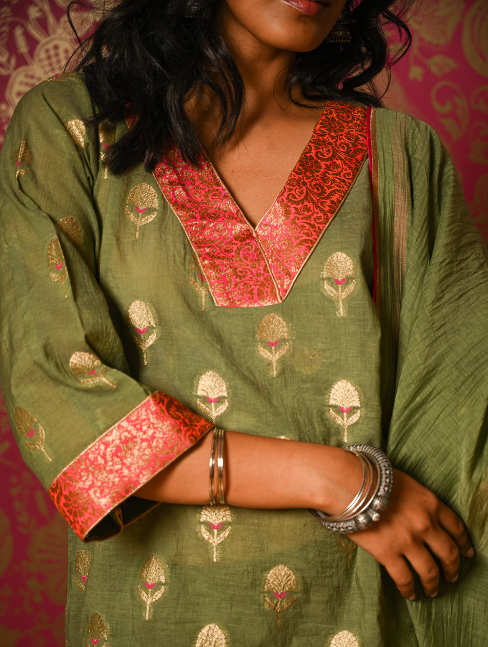 Light Festive. Soft Benarasi Kurta Set - Forest Flora ( 3 pc set)