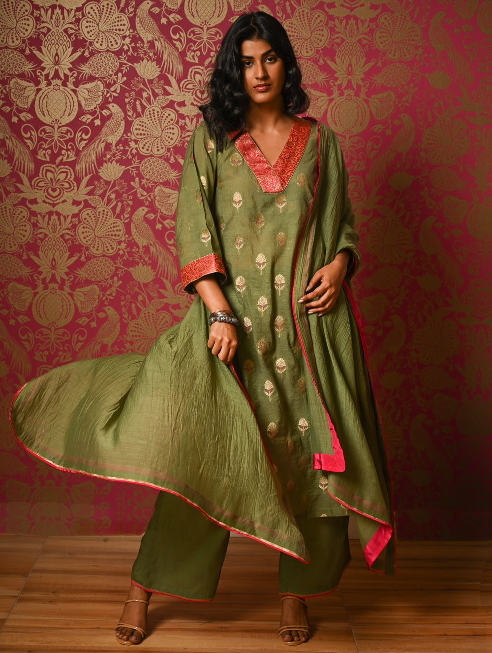 Light Festive. Soft Benarasi Kurta Set - Forest Flora ( 3 pc set)