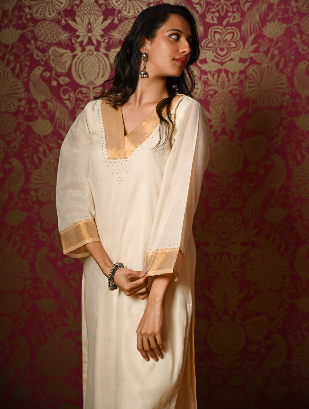 Light Festive. Elegant Kerala Kasavu Kurta Set - Golden Cream (2 pc set)