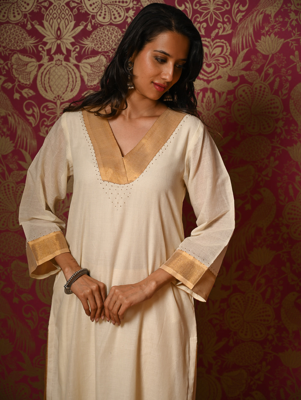 Light Festive. Elegant Kerala Kasavu Kurta Set - Golden Cream (2 pc set)
