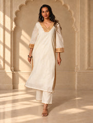 Light Festive. Elegant Kerala Kasavu Kurta Set - Golden Cream (2 pc set)