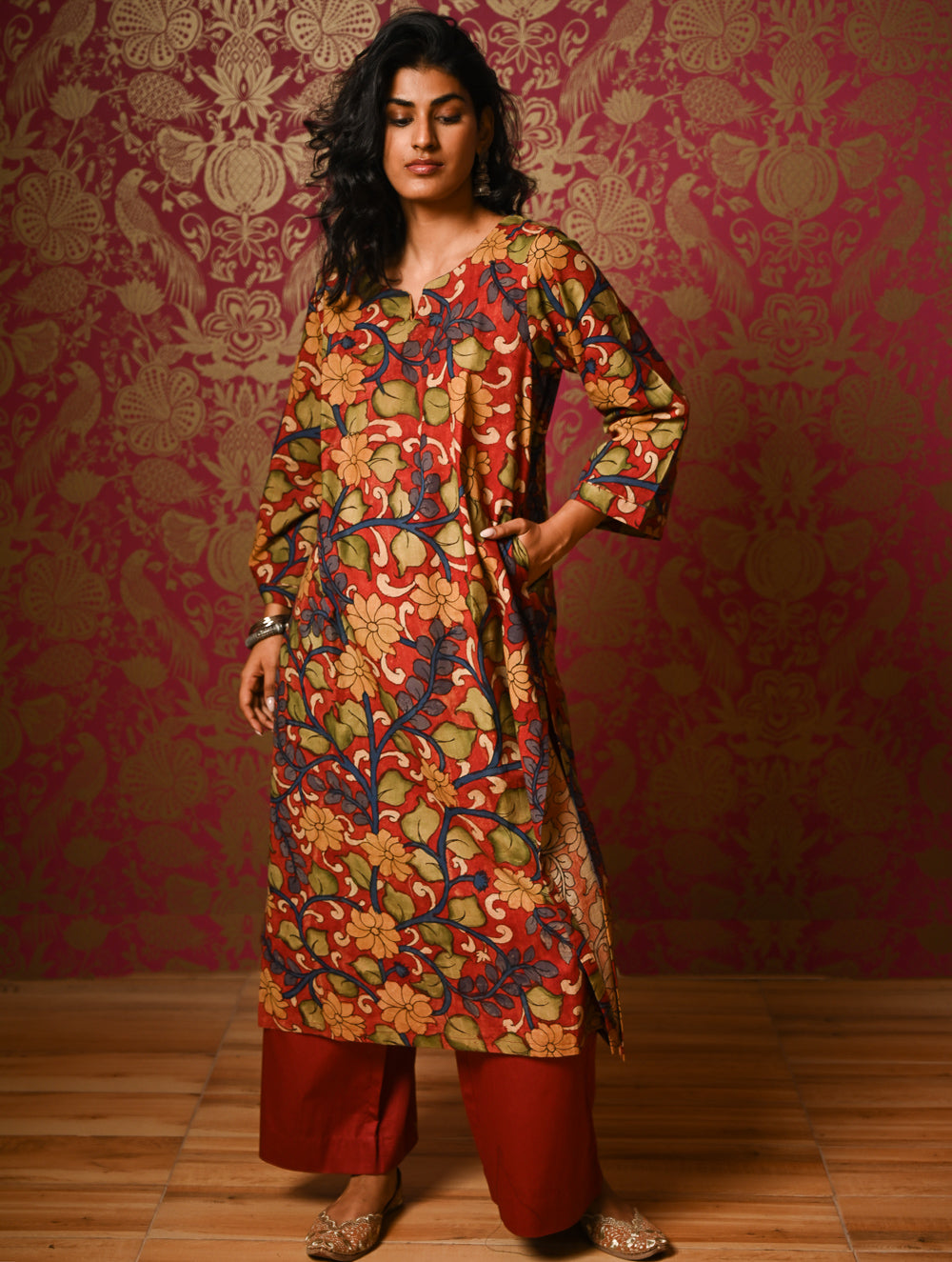 Exclusive, Authentic Kalamkari Cotton Loose Fit Kurta Set - Red Flora (2 pc set)