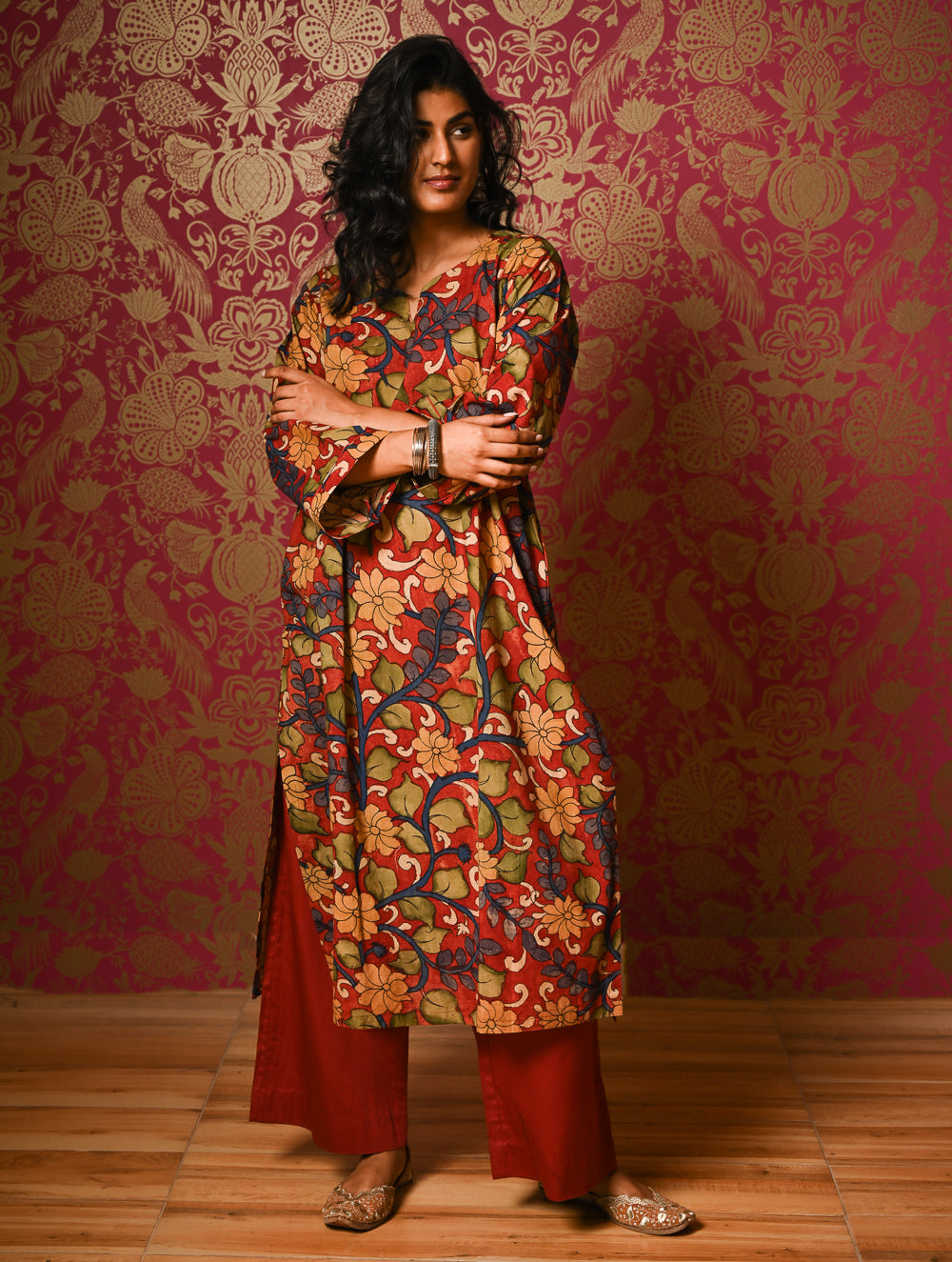 Exclusive, Authentic Kalamkari Cotton Loose Fit Kurta Set - Red Flora (2 pc set)