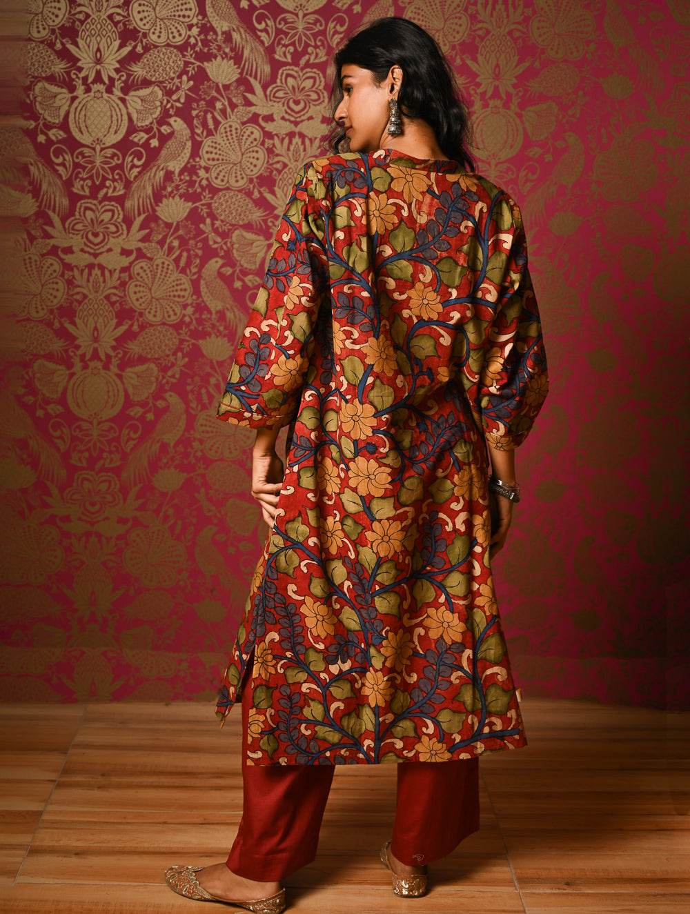 Exclusive, Authentic Kalamkari Cotton Loose Fit Kurta Set - Red Flora (2 pc set)