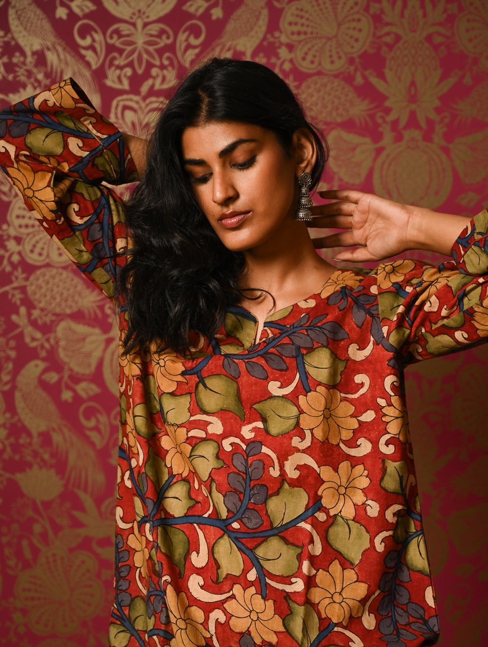Exclusive, Authentic Kalamkari Cotton Loose Fit Kurta Set - Red Flora (2 pc set)