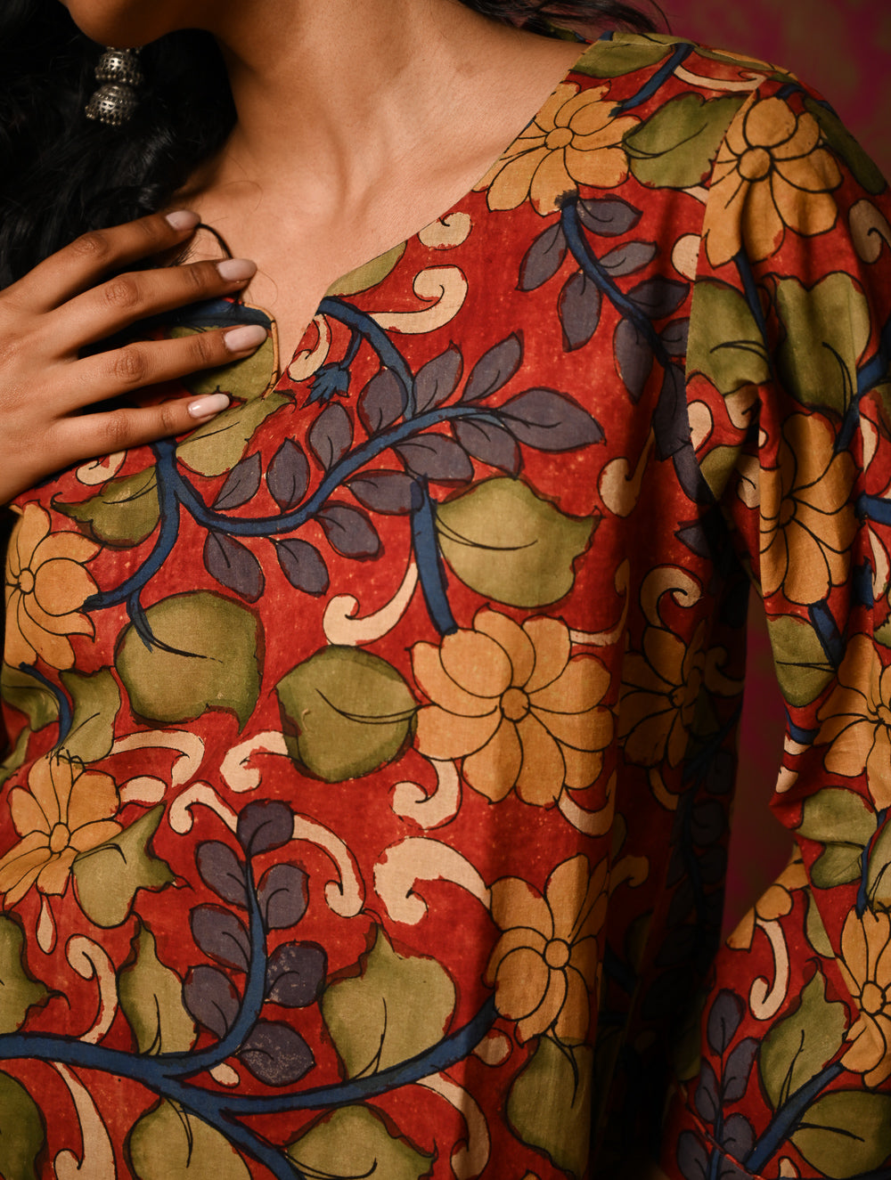Exclusive, Authentic Kalamkari Cotton Loose Fit Kurta Set - Red Flora (2 pc set)