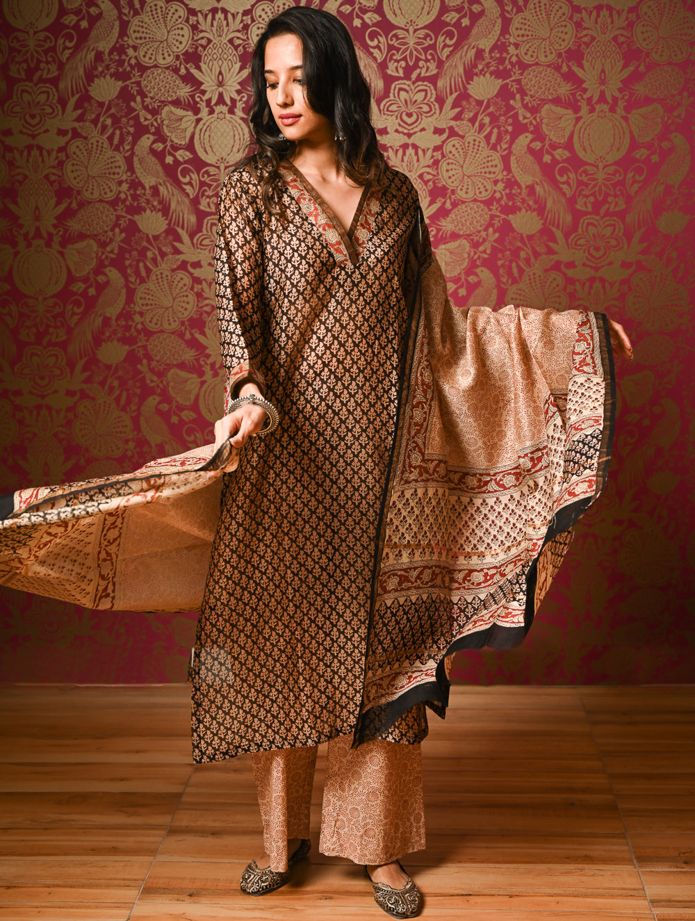 Light Festive. Bagru Hand Block Printed Chanderi Kurta Set - Gulshan ( 3 pc set)