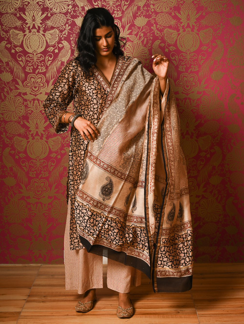 Light Festive. Bagru Hand Block Printed Chanderi Kurta Set - Gulshan ( 3 pc set)