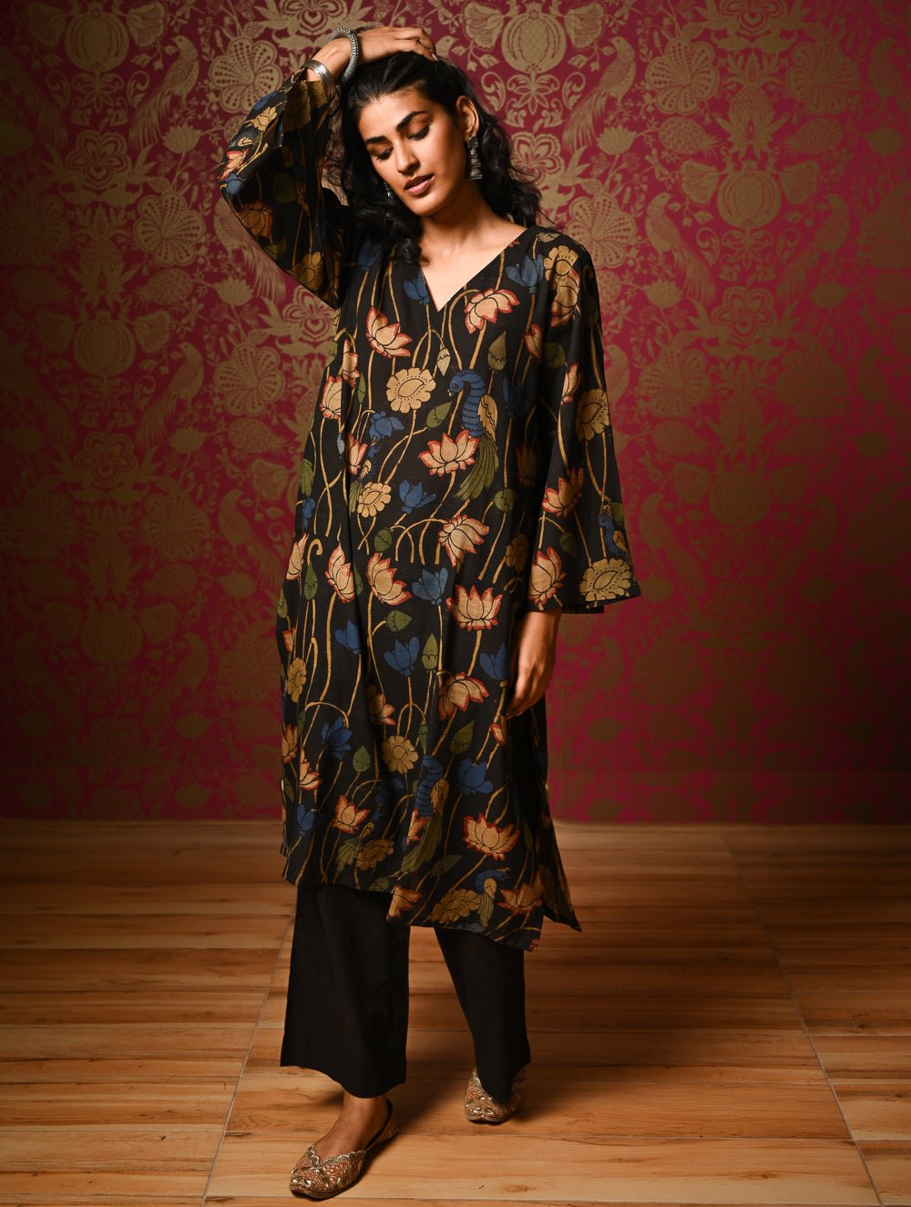 Exclusive, Authentic Kalamkari Silk Viscose Blend Loose Fit Kurta Set - Black Lotus (2 pc set)