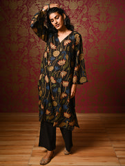 Exclusive, Authentic Kalamkari Silk Viscose Blend Loose Fit Kurta Set - Black Lotus (2 pc set)