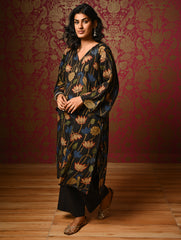 Exclusive, Authentic Kalamkari Silk Viscose Blend Loose Fit Kurta Set - Black Lotus (2 pc set)
