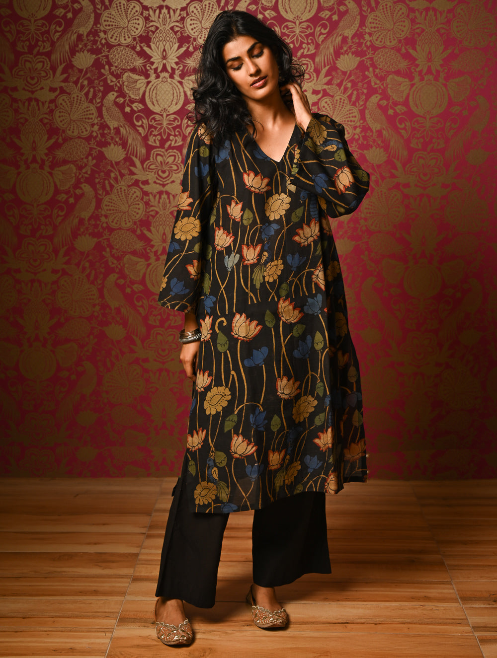 Exclusive, Authentic Kalamkari Silk Viscose Blend Loose Fit Kurta Set - Black Lotus (2 pc set)