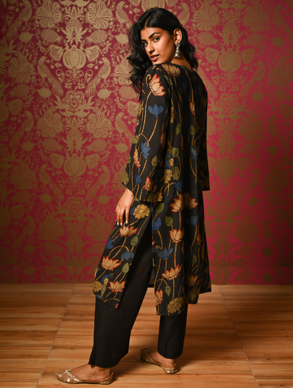 Exclusive, Authentic Kalamkari Silk Viscose Blend Loose Fit Kurta Set - Black Lotus (2 pc set)