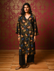 Exclusive, Authentic Kalamkari Silk Viscose Blend Loose Fit Kurta Set - Black Lotus (2 pc set)