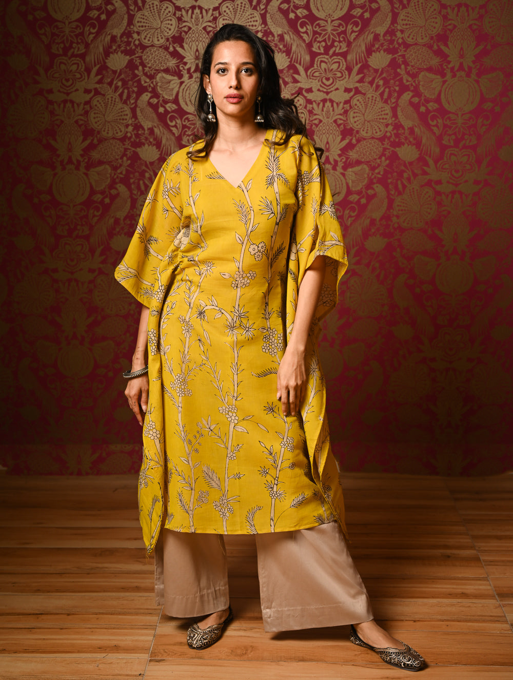 Exclusive, Authentic Kalamkari Silk Viscose Blend Kaftan Kurta Set - Bamboo Stems (2 pc set)