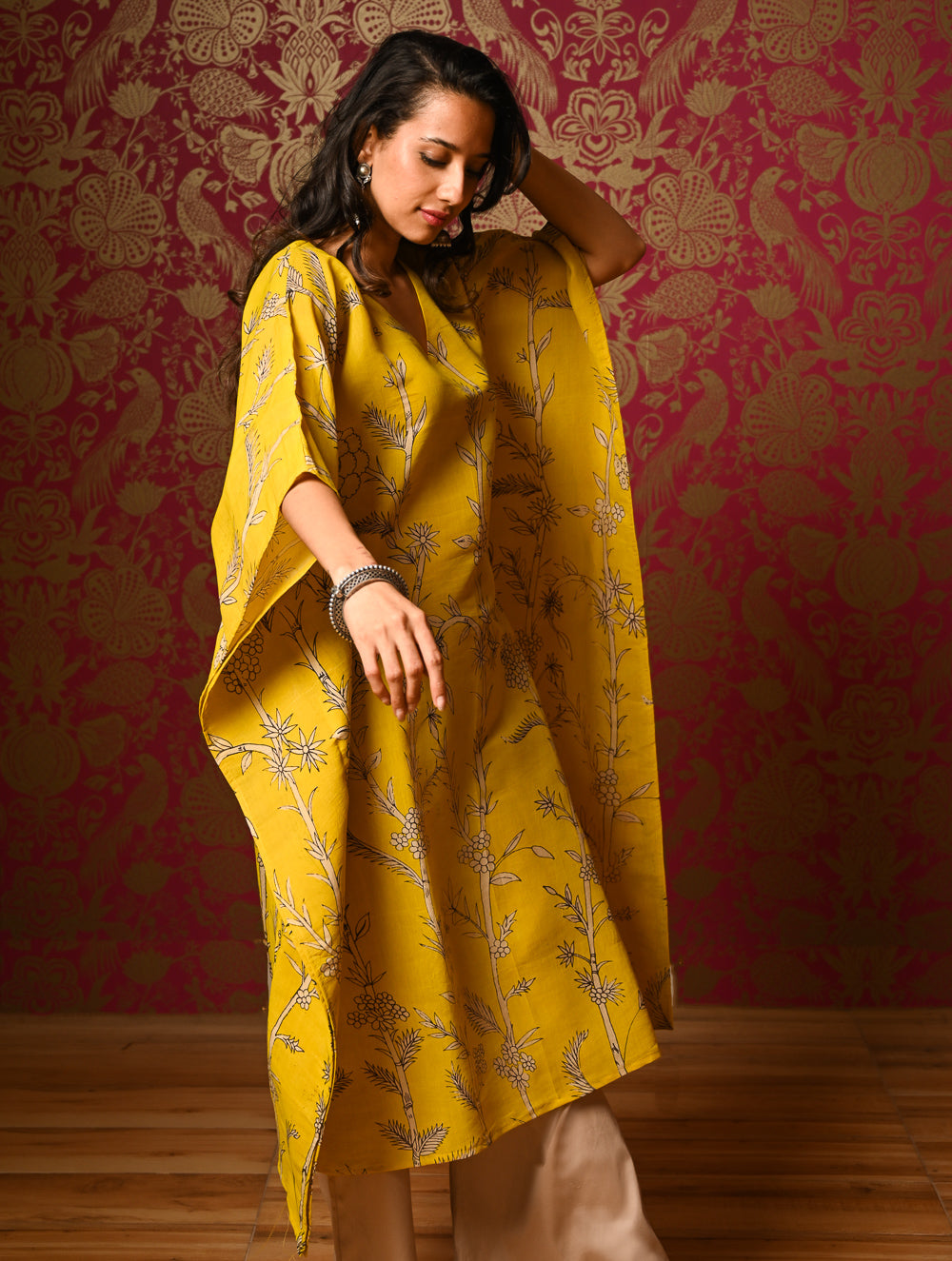 Exclusive, Authentic Kalamkari Silk Viscose Blend Kaftan Kurta Set - Bamboo Stems (2 pc set)