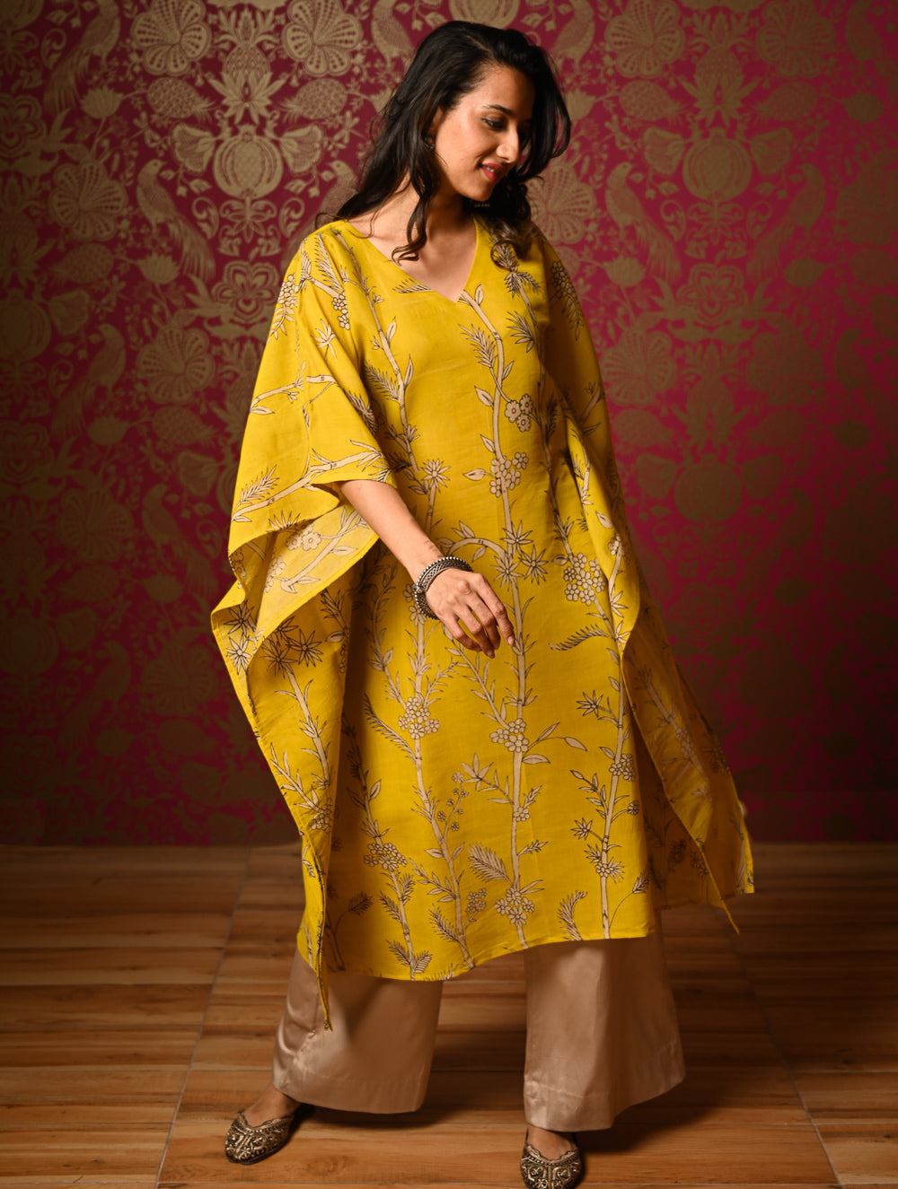 Exclusive, Authentic Kalamkari Silk Viscose Blend Kaftan Kurta Set - Bamboo Stems (2 pc set)