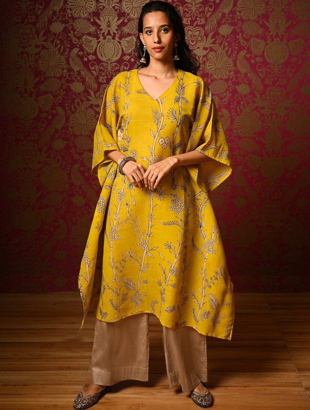 Exclusive, Authentic Kalamkari Silk Viscose Blend Kaftan Kurta Set - Bamboo Stems (2 pc set)