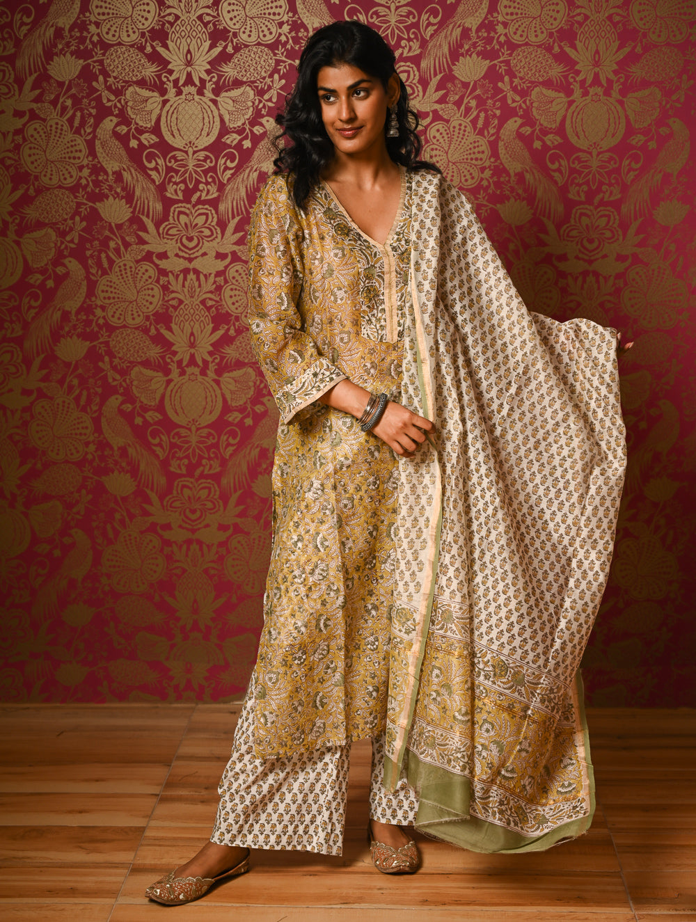 Light Festive. Bagru Hand Block Printed Chanderi Kurta Set - Hariyali ( 3 pc set)