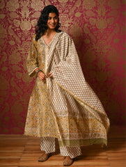 Light Festive. Bagru Hand Block Printed Chanderi Kurta Set - Hariyali ( 3 pc set)