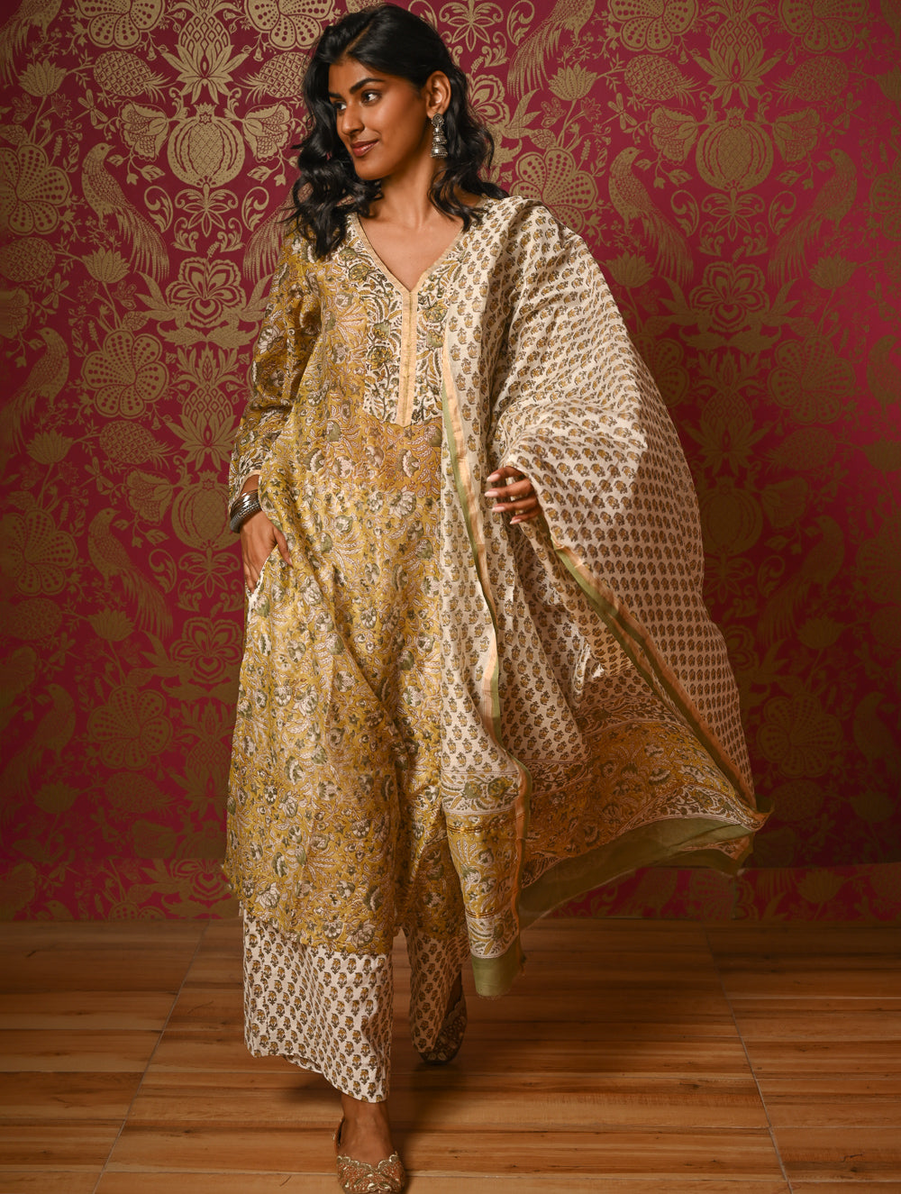 Light Festive. Bagru Hand Block Printed Chanderi Kurta Set - Hariyali ( 3 pc set)