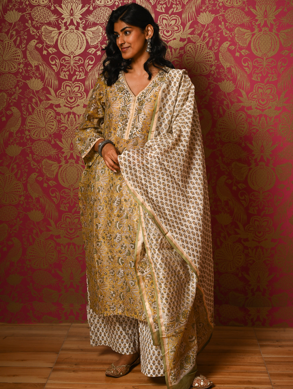 Light Festive. Bagru Hand Block Printed Chanderi Kurta Set - Hariyali ( 3 pc set)