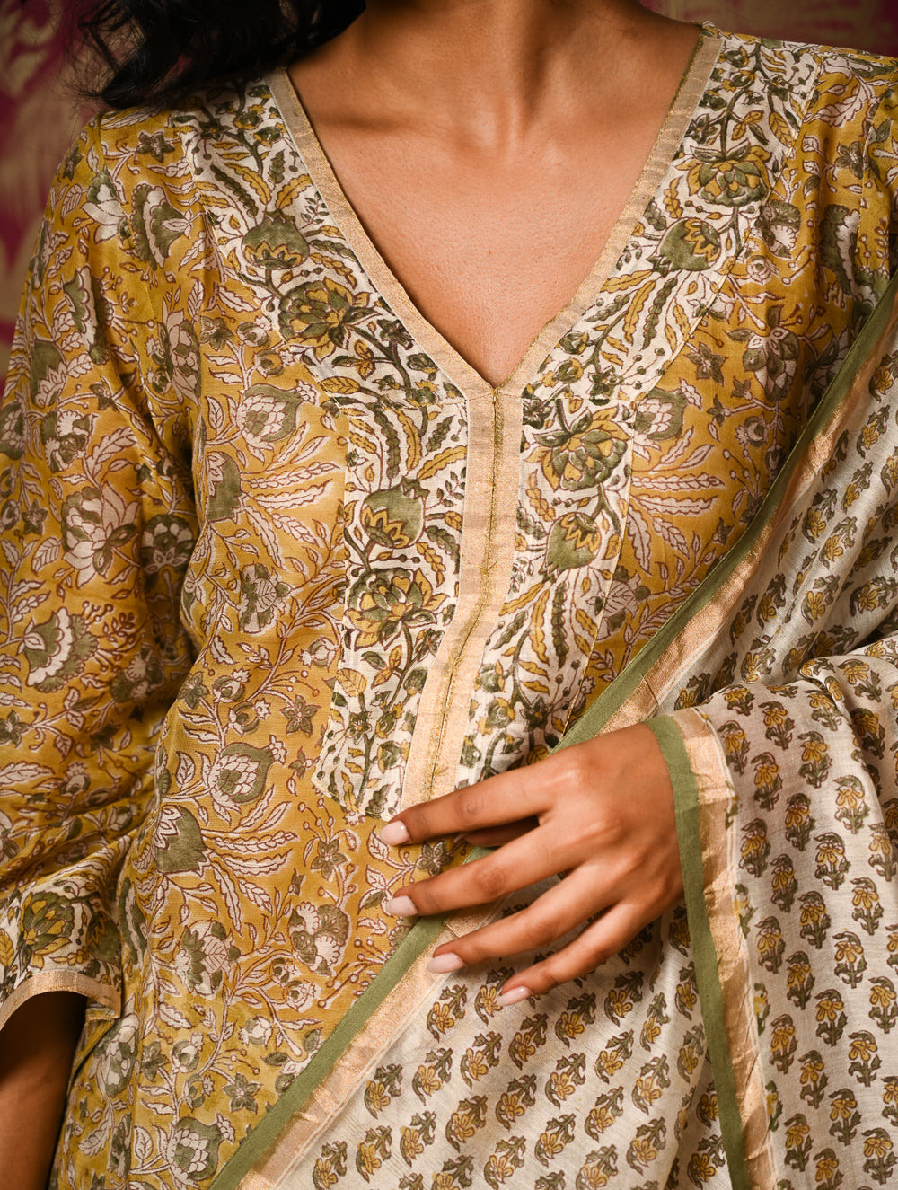 Light Festive. Bagru Hand Block Printed Chanderi Kurta Set - Hariyali ( 3 pc set)