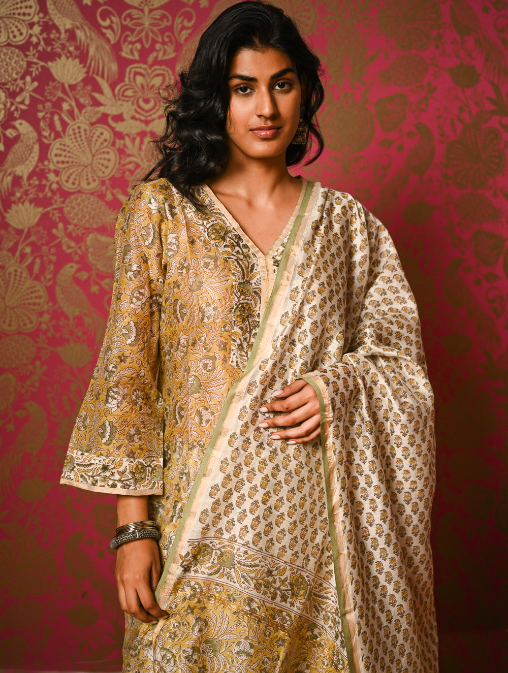 Light Festive. Bagru Hand Block Printed Chanderi Kurta Set - Hariyali ( 3 pc set)