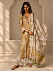 Light Festive. Bagru Hand Block Printed Chanderi Kurta Set - Hariyali ( 3 pc set)