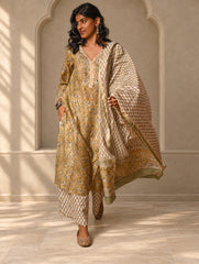 Light Festive. Bagru Hand Block Printed Chanderi Kurta Set - Hariyali ( 3 pc set)