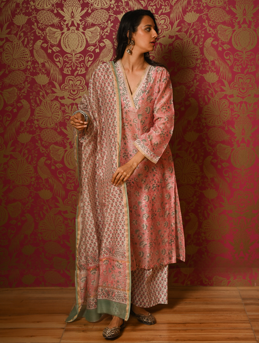 Light Festive. Bagru Hand Block Printed Chanderi Kurta Set - Gulab ( 3 pc set)
