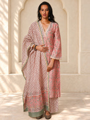 Light Festive. Bagru Hand Block Printed Chanderi Kurta Set - Gulab ( 3 pc set)