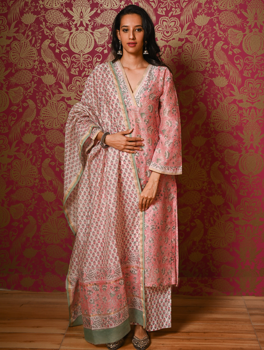 Light Festive. Bagru Hand Block Printed Chanderi Kurta Set - Gulab ( 3 pc set)