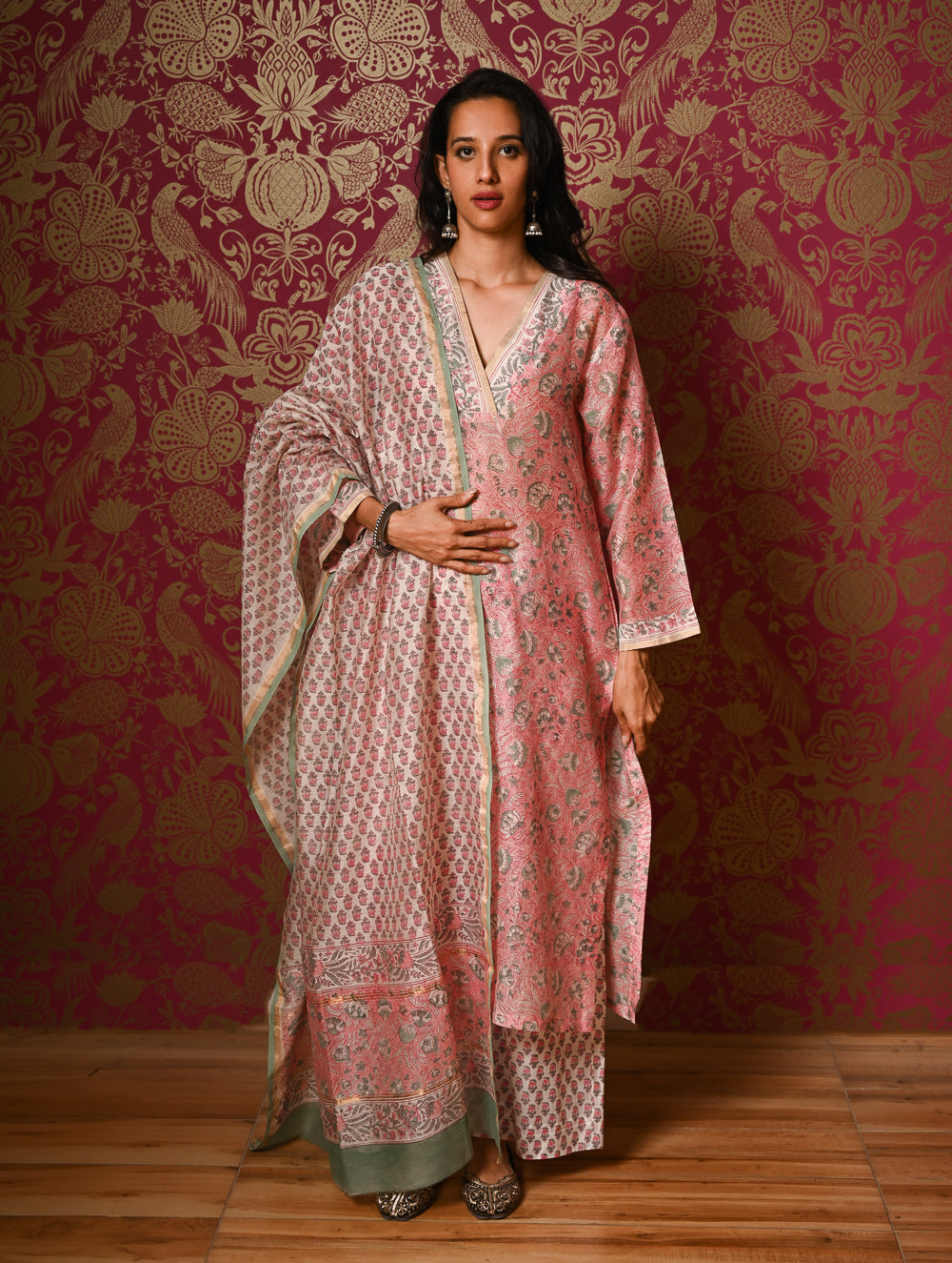 Light Festive. Bagru Hand Block Printed Chanderi Kurta Set - Gulab ( 3 pc set)