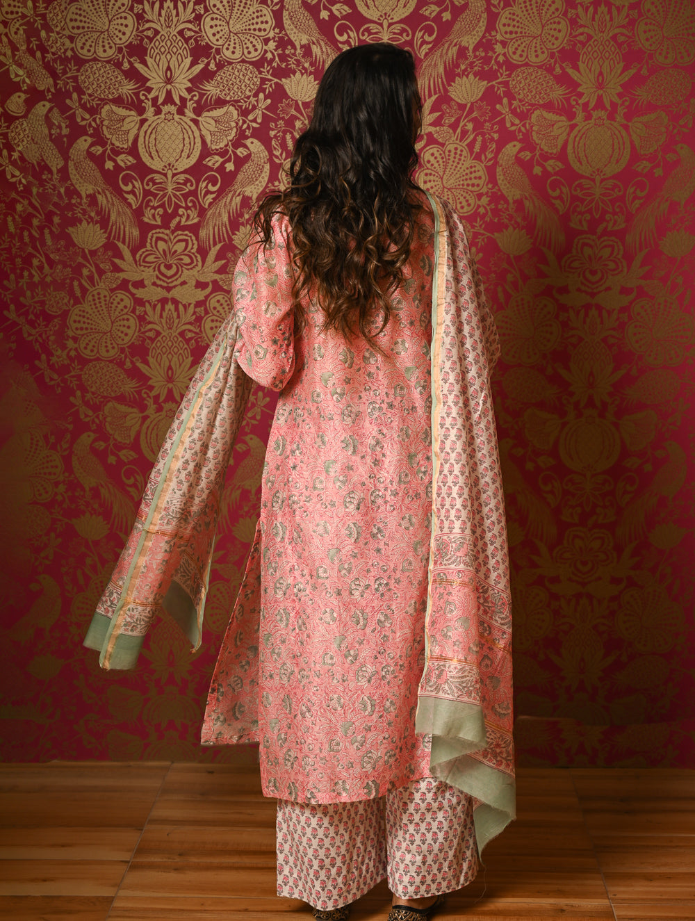 Light Festive. Bagru Hand Block Printed Chanderi Kurta Set - Gulab ( 3 pc set)