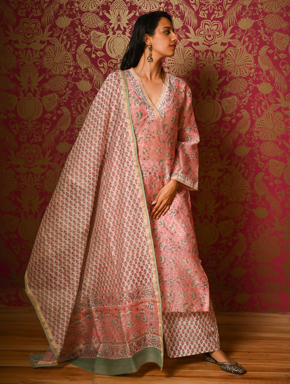 Light Festive. Bagru Hand Block Printed Chanderi Kurta Set - Gulab ( 3 pc set)