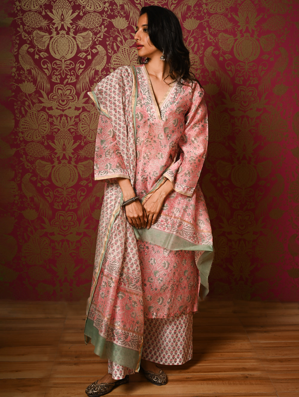 Light Festive. Bagru Hand Block Printed Chanderi Kurta Set - Gulab ( 3 pc set)