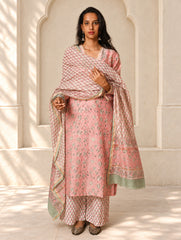 Light Festive. Bagru Hand Block Printed Chanderi Kurta Set - Gulab ( 3 pc set)