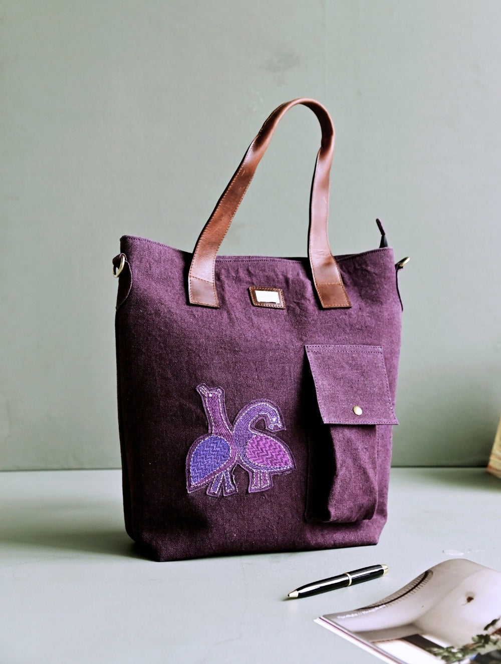Kantha Caravan Collection: The Kantha & Canvas Conference Bag - Plum Peacocks Tote