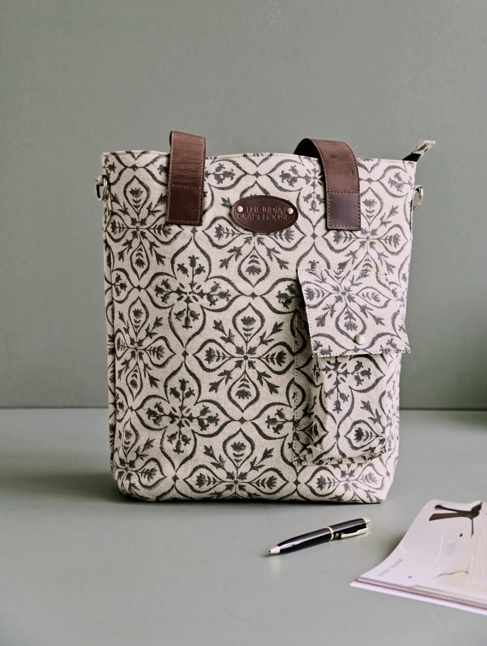 The Traveller’s Collection: Handblock Print Conference Bag - Charcoal Floral Tote